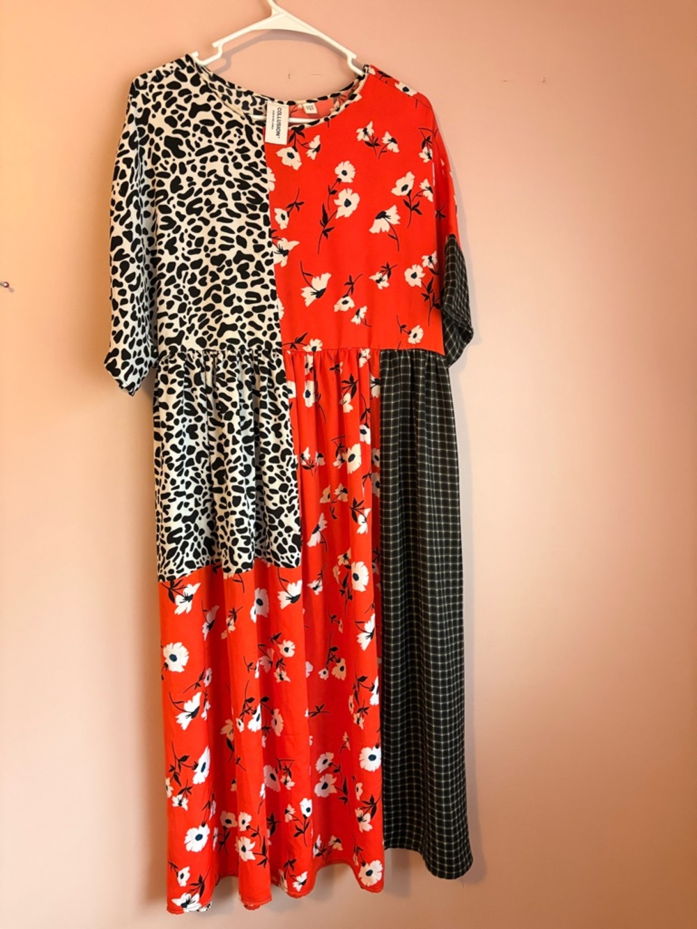 💚Collusion Oversized Patchwork Floral & Print Midi Dress - Red/Black